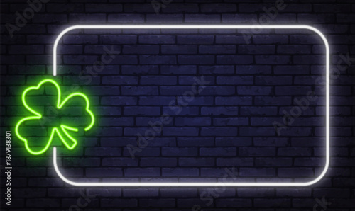 Neon frame with green clover symbol, designed for luck themes and casino visuals. Soft light adds positive and playful mood.