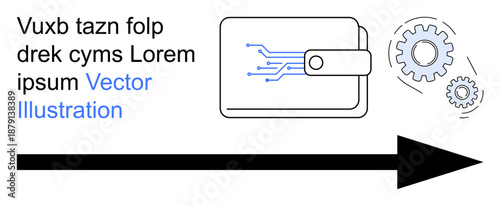 Financial technology, automation processes, digital transactions, software integration, fintech innovation, electronic systems. Wallet with circuit design, gears and arrow. Financial technology