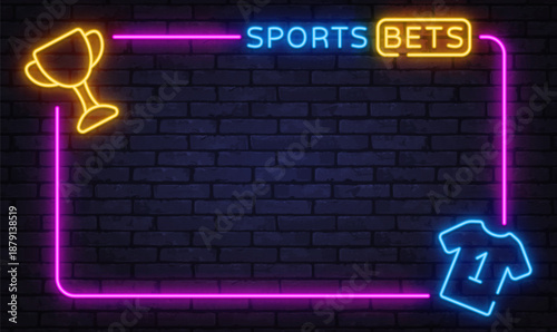 Neon sports bets frame with trophy and jersey icon for betting platforms. Strong glow highlights competition and winning concepts clearly.