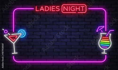 Bold neon ladies night frame with colorful drinks and clean typography. Perfect for club promotions, party flyers, or nightlife visuals.