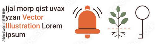 Alert systems, growth, security, nature, symbolism, concept design. Image with alarm bell, plant sprouting and key outline. Alert systems and growth are illustrated