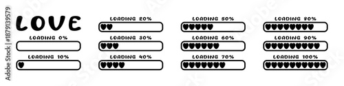 Horizontal love loader progress set from 0 to 100 percent with ten percent steps Black heart icons to visualize loading romance progress, emotions relationship themed interface Elements collection