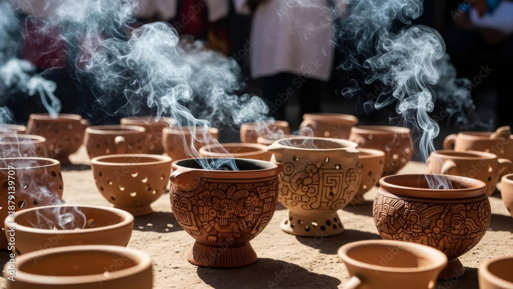 Fototapeta premium Clay incense burners with smoke rising, traditionally decorated. Cultural or spiritual ritual, offering ceremony, meditation concept.
