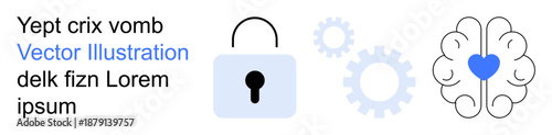 Cybersecurity, mental health, AI integration, safety measures, data protection, innovation. Lock symbol, brain with heart icon gears. Cybersecurity and mental health concept