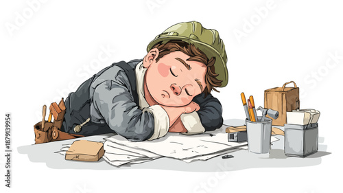 Exhausted Male Worker Vector Illustration on White Background with Outline Isolated