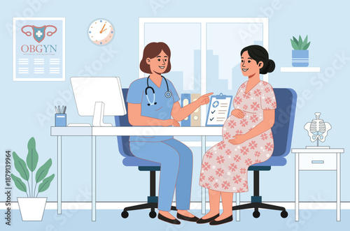 Pregnant Woman Consultation with OBGYN Doctor in Medical Clinic Illustration