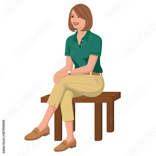Vector illustration of a woman in a green polo shirt and khaki pants sitting on a wooden bench.