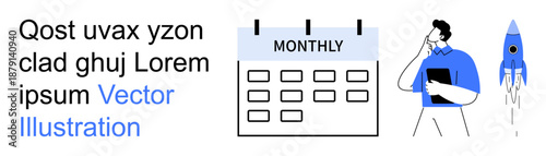 Time management, productivity planning, future goals, business innovation, monthly calendar, work strategy. Businessman with a rocket and a calendar. Time management and productivity planning