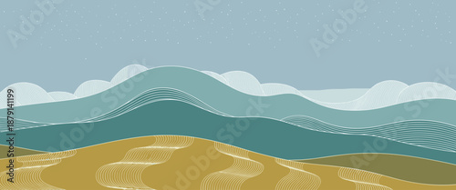 Abstract landscape with rolling sand dunes and layered hills under a speckled sky rolling hills mountains
