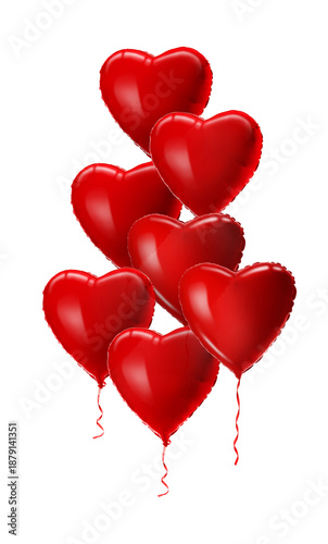 Bright heart-shaped red balloons isolated on white. Party decoration