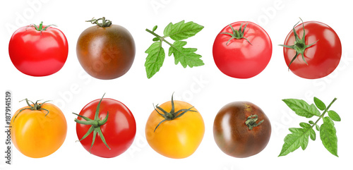 Fresh tomatoes of different colors and green leaves isolated on white, set