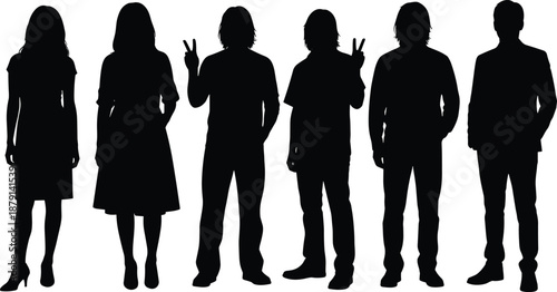 Group of young people silhouettes standing together, male and female black full body figures isolated on white background for creative design