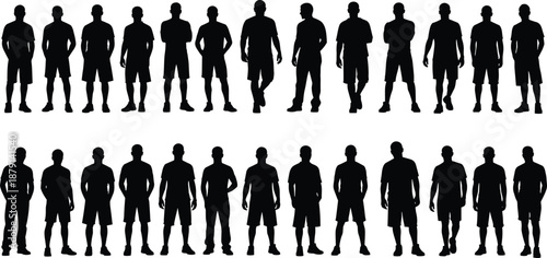 Set of male human silhouettes standing in different poses, full body black figures isolated on white background for design use