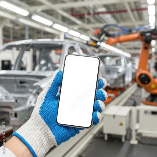Hand holding smartphone in factory setting, isolated on white background