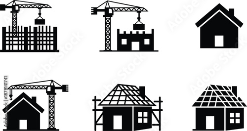 House construction silhouettes set with cranes and buildings, home building process icons isolated on white background for real estate and construction design