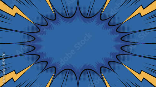 Comic book style explosion burst with yellow lightning bolts on a blue background superhero