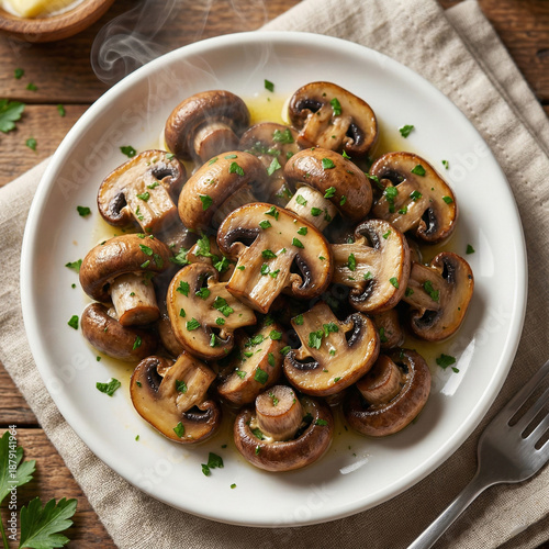 ceramic plate filled with a generous serving of sliced, sautéed brown mushrooms glistening with butter