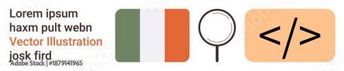 Ireland, research, web development, coding, analysis, programming. Features the Irish flag, magnifying glass and coding symbol on an orange background. Research and web development