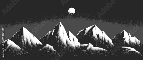 Pixel art mountain range with a full moon in a dark, textured sky mountains peaks