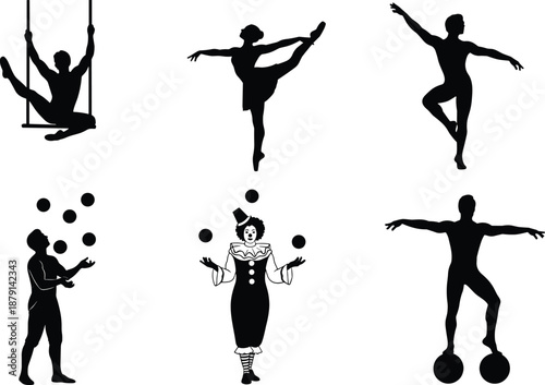 Circus and performing arts silhouettes illustration set with acrobat, ballerina, juggler and clown characters isolated on white background for entertainment concepts