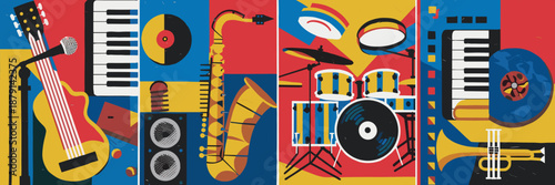 Vibrant collage of musical instruments in a geometric, colorful abstract style vector illustration