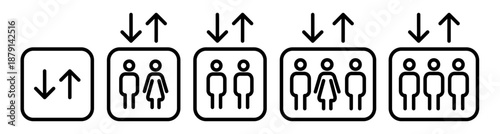 Outline elevator icon set featuring directional arrows and passenger capacity symbols. Lift signage pictograms for floor navigation, wayfinding and building interiors. Minimal vector icons isolated.