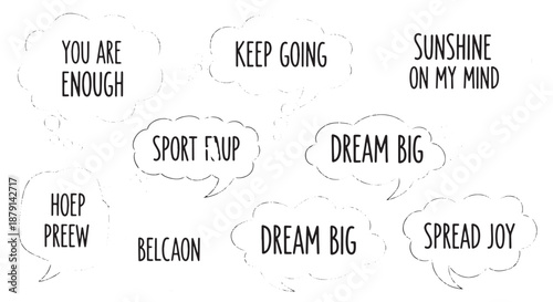 Motivational quotes in speech bubbles with positive affirmations and encouraging words for resilience and growth.