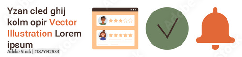 Online reviews, user feedback, notifications, approvals, digital ratings, website interfaces. Display showing user ratings, a green checkmark and a notification bell. User feedback and notifications