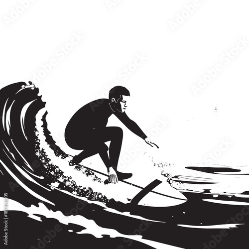 Silhouette of a Surfer Riding a Steady Ocean Wave.