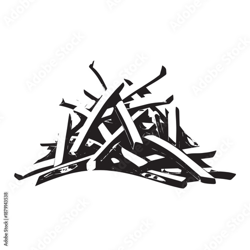 Abstract heap of wooden scraps and splintered planks arranged into a chaotic pile of timber and debris.