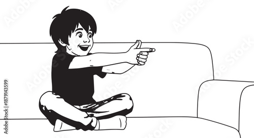 Young boy sitting on a sofa pointing at something off-screen in a friendly cartoon illustration.