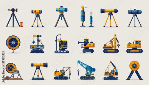 A collection of construction and surveying equipment icons, including excavators, cranes, and optical instruments on tripods.
