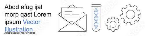 Biotechnology, automation, data sharing, email communication, laboratory work, system processes. Black line envelope, test tube with DNA helix and gears. Biotechnology and automation concepts