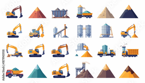 A collection of flat design illustrations depicting heavy construction machinery, excavators, dump trucks, material piles, and industrial silos for mining and building operations.