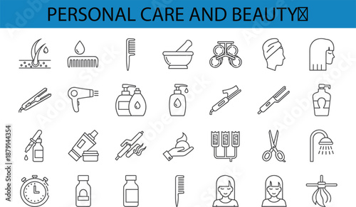 Personal care and beauty line icon set featuring hair styling tools, cosmetics bottles, grooming accessories, salon equipment, and hygiene symbols in clean outline vector style