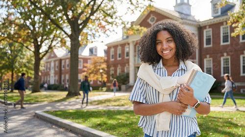Cuadro en lienzo Happy female African American girl student standing outside university holding notebooks looking at camera outdoor, portrait
