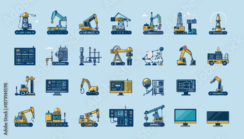 A comprehensive set of industrial automation and heavy machinery icons, featuring construction equipment, robotic arms, and digital interfaces.