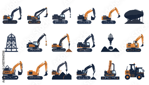 A comprehensive vector illustration set showcasing various types of heavy construction machinery, including excavators, diggers, and industrial equipment.