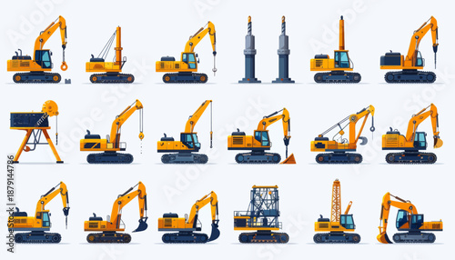 A comprehensive collection of various types of heavy construction excavators and machinery, showcasing different attachments and functions.