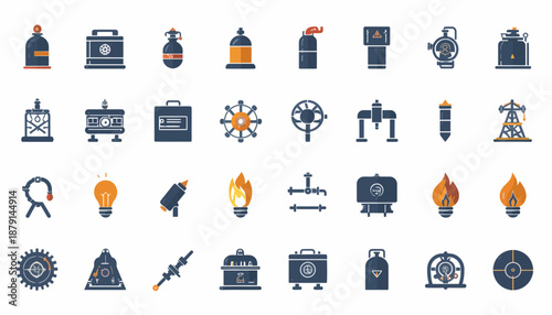 A comprehensive set of flat design icons representing various aspects of the oil, gas, energy, and industrial sectors.