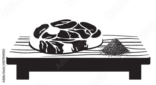 Sizzling steak on a grill pan with smoke and seasoning.