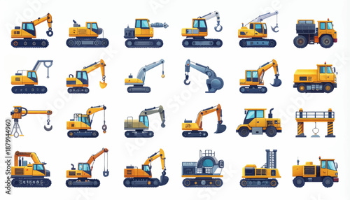 Collection of various yellow heavy construction vehicles and industrial machinery on a white background, including excavators and cranes.