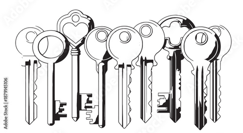 Collection of assorted metal keys arranged in a row across a plain background.