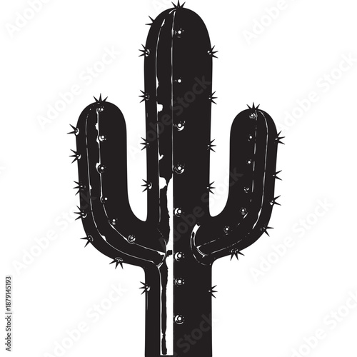 Tall Desert Cactus Silhouette with Spines in High Contrast.