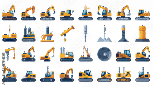 A comprehensive collection of various yellow and blue construction excavators and heavy machinery icons, including drills, cranes, and pile drivers.