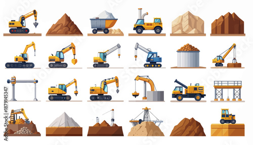 A collection of cartoon illustrations depicting various construction and mining machinery, material piles, and industrial structures on a white background.