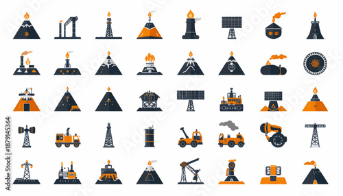 A collection of industrial and energy-related icons, featuring oil rigs, factories, solar panels, mining equipment, and exploration vehicles.