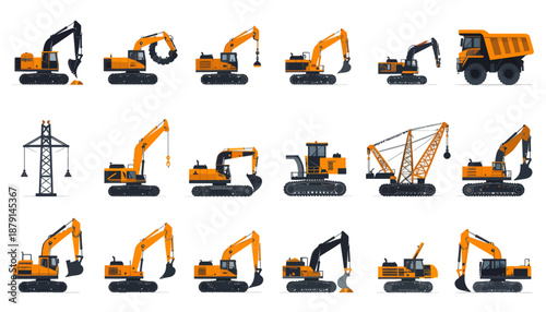 A comprehensive collection of various construction vehicles including excavators, dump trucks, and a power line pylon, illustrated in a flat design style.