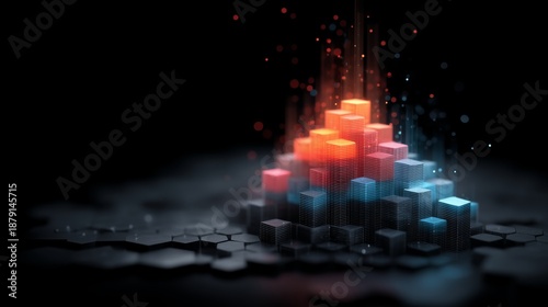 Square blocks arranged in grid form a 3D chart with color-coded height variation and glowing accents. Ideal for visuals about data analytics, computational modeling, or abstract digital information 
