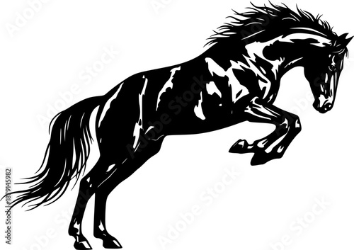 Jumping horse silhouette with flowing mane and tail in graceful action and movement – Black Vector Illustration